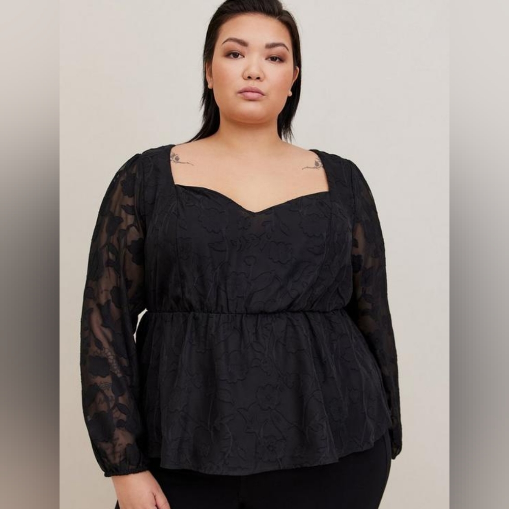 Torrid Peplum Chiffon Clip Floral Puff Sleeve Top Sz 4X